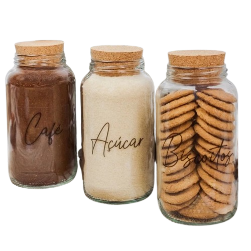 Combo Cofee Lovers - 3 Potes de Vidro com Tampa de Rolha + Adesivos