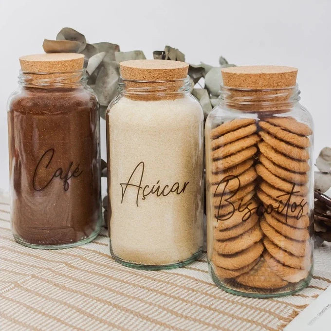 Combo Cofee Lovers - 3 Potes de Vidro com Tampa de Rolha + Adesivos