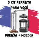 Cafeteira Prensa Francesa e Moedor Manual de Café em Inox - KIT COMPLETO