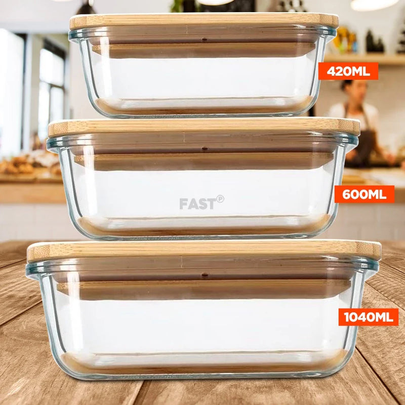 Potes de Vidro com Tampa Coleção Doce Bambu - KIT COM TRÊS POTES