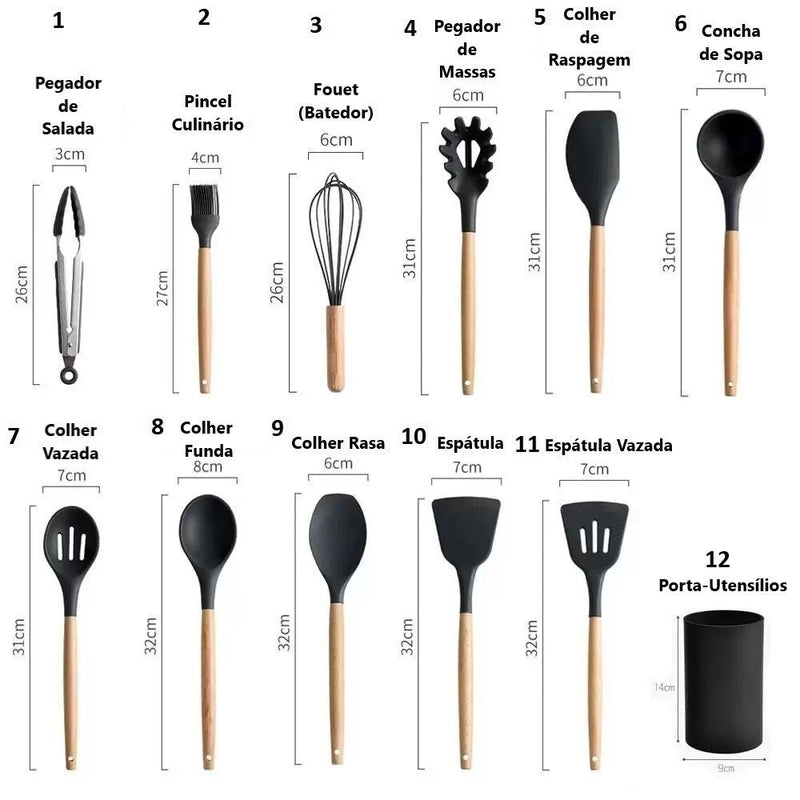 Kit 12 Peças Maison Chef de Silicone Cabo de Madeira - VÁRIAS CORES