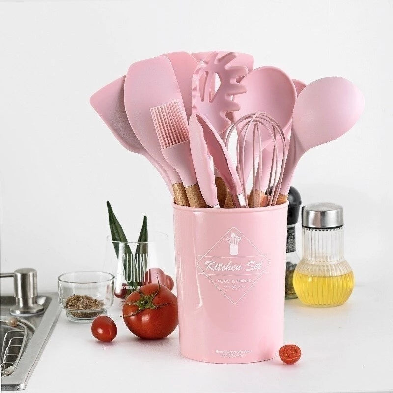 Kit 12 Peças Maison Chef de Silicone Cabo de Madeira - VÁRIAS CORES