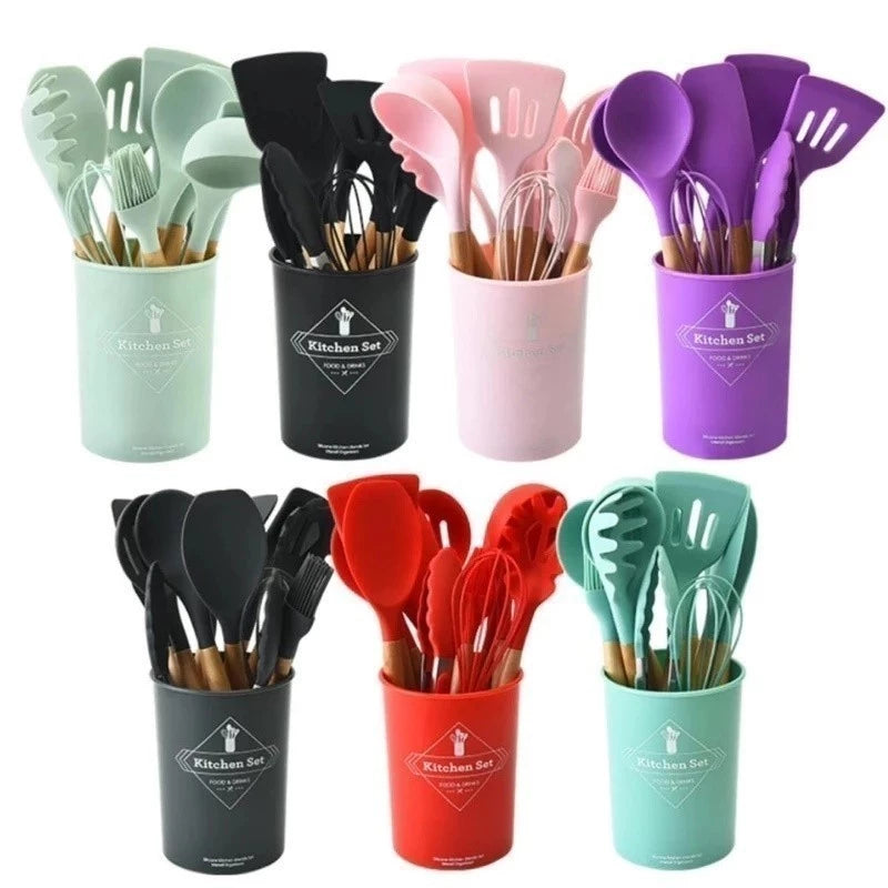 Kit 12 Peças Maison Chef de Silicone Cabo de Madeira - VÁRIAS CORES